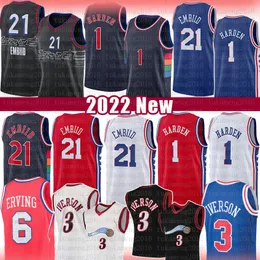 농구 유니폼 Joel Embiid James Harden 2022 Mens Shirts Allen Iverson Julius erving 빈티지 유니폼 21 1 3 6