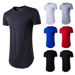 Herr t-shirts Summer Men's High Street Style Double Zipper Long Round Neck T-shirt European och American Arc Hem Short-Sleeved Menmen's