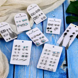Stud Boho Vintage Silver Color Alloy Earrings Set For Women Classic Heart Cross Round Crystal Boucle D'oreille FemmeStud
