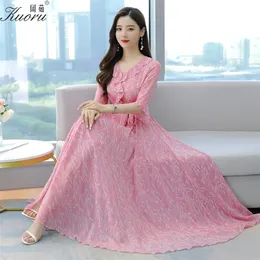 Chiffon dres vestidos sestito de verão FLORALE VESTIDOS LARGOS VERANO ROBE PINK Pink Robe Plus Size Tulle Sukienka 220516