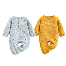 0-18 M Autunno Neonata Casual Pagliaccetto in cotone Motivo stampato floreale Colletto tondo Manica lunga Blu Giallo Carino Moda Abbigliamento quotidiano G220521