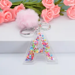 Keychains Fashion Acrylic Keyring Pink Pompom Plush English Letter Sequins Keychain 26 Word A-Z Handbag Woman Bag Pendant Miri22