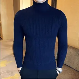 Suéteres masculinos coreanos slim de cor de gola alta sólida Sweater Mens Winter Long 220823