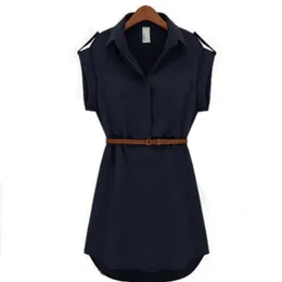 Letnia sukienka koszuli damska szyfonowy krótki rękaw z paskiem obrócony kołnierz liniowy mini v szyja 220613