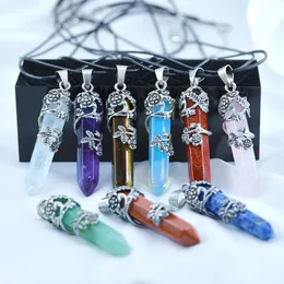 Flower Charm Nature Stone Hexagon Prismhängen Amethyst Opal Quartz Bullet Crystal Healing Fashion Jewelry for Women Men Gift