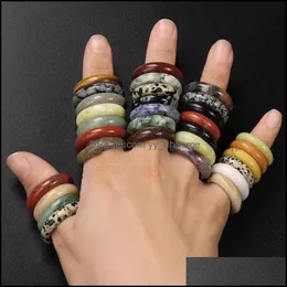 Band Rings Jewelry 4-6Mm Unisex Natural Mineral Ring Mticolor Black Green Red Agate Circle Gem Stone Finger Charms Dhgro