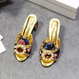 2022 kvinnor Damer Äkta läder kattunge klackar sandaler Klänning Skor Pumps toffel sommar Casual peep-toe öppna tår fest bröllop 3D Blomma diamant slip-on 35-43