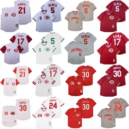 1969 1976 1990 2000 2005 Baseball w stylu vintage 5 Johnny Bench Jersey Powrót do przeszłości 30 Ken Griffey 17 Chris Sabo 24 Tony Perez 21 Reggie Sanders Cool Base Prążkowany sweter