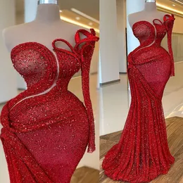 2022 Plus Size Arabo Aso Ebi Red Mermaid Sparkly Prom Dresses Paillettes Pizzo Sera Festa formale Secondo ricevimento Compleanno Abiti di fidanzamento Abito ZJ322