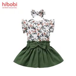 hibobi Baby Girls Bodysuit Infant Clothes Set 3Pcs Floral Print Romper & Bowknot Decor Skirt Headband 220507