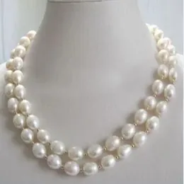 Handgeknüpfte Halskette, natürliche 9–10 mm weiße Süßwasser-Reisperlen-Pullover-Kette, fast ovale Perle, 81,3 cm