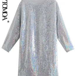 Kvinnor Fashion with Foding Sequin Mini Dress Vintage O Neck Långärmad kvinnliga klänningar Vestidos Mujer 220526