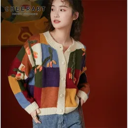 CHEERART Color Block Cardigan Sweater Flower Button Up Cute Sweater Knitted Japanese Cardigan Knitwear Kawaii Clothes 210204