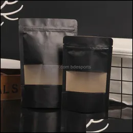 梱包バッグオフィススクールビジネス産業4サイズブラッククラフト紙フロストウィンドウバッグスタンドアップスナッククッキーティーコーヒーパッケージX-MA