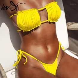 Traje de baño para mujer, microbikinis brasileños In-X 2022, bañadores para mujer, bañador de hilo amarillo, bañador Bandeau Sexy para mujer, traje de baño sin tirantes para nadar