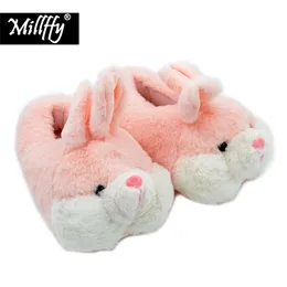 Millffy Lovely Pink Rabbit Rabbitぬいぐるみ冬の温かいベルベットスリッパ快適な屋内靴ハムスターバニースリッパ猫ぬいぐるみスリッパ201023