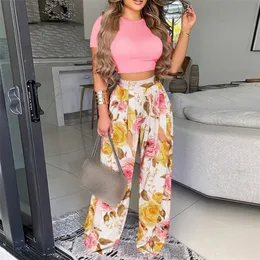 Summer Women Two Piece Set Elegant Print Office Lady Outfits Elegant O Neck Short Sleeve Shirt Pullover Wide Ben Pants Suits 220812