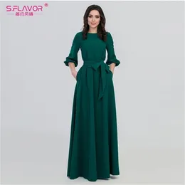 Sflavor Green Color Woman Oneck Long Dress Bohemian Style Slim Vestidosヴィンテージ34ランタンスリーブカジュアル冬のドレス201008