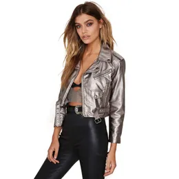Women Punk Cool Style Jacket Short Pu Leather Coat Turndown Collar Silver More Pockets And More Zipper plus Size Jacket Outwear 201023