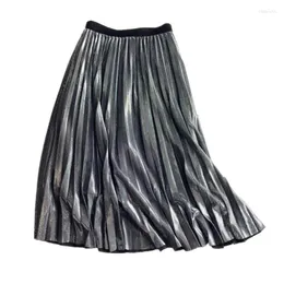 Röcke 2022 Frauen Hohe Taille Metallic Glitter Lange Nachtclub Straße Vintage Plissee A-linie Maxi Midi Party Swing Rock