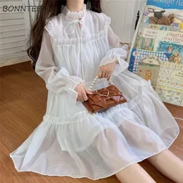 Dresses Women Summer Chiffon Holiday Party Sweet Girls Lovely Clothing White Solid A line Japanese Style Ladies Vestidos Mujer 220613