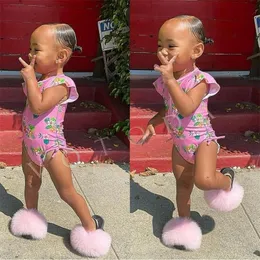 Summer Children Slippers With Strap Kids Real Slides Baby Fluffy Raccoon Flip Flop Toddler Rainbow Fur Sandals 220426