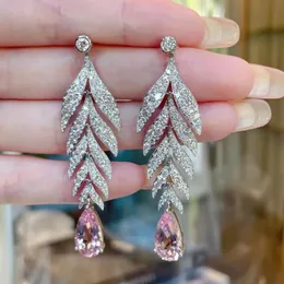 Dangle Chandelier Tassels Leaf Pink Diamond Earring 925 여성용 약속 약혼 파티 Jewelryda를위한 스털링 실버 웨딩 드롭 귀걸이