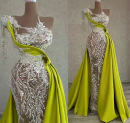 2022 Plus Size Arabski ASO EBI Luksusowy Sheath Sparkly Prom Sukienki Koronki Zroszony Wieczór Formalna Party Druga Recepcja Urodziny Suknie Zaręczynowe Dress Zj322