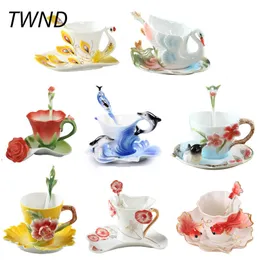 Enamel Coffee Mugs Procelain Tea Cups and With Saucer Spoon Swan Dolphins Europe Style Mark Creative Drinkware Y200104