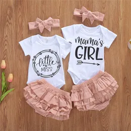 Kläder sätter sommar mode småbarn barn baby flicka kläder kort ärm bokstav romer toppar rufsar shorts huvudbonnar set 3pcsclothing