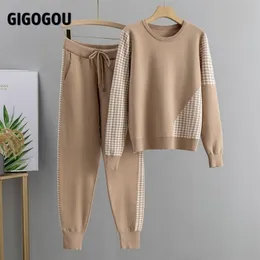 Gigogou Houndstooth Knit 2 Piece Set Tracksuits Outono Mulheres Mulheres Pullover Sweater + Cenoura Harem Calças Sporting Terno Feminino 220315