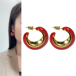 Vintage Red Women Circle Hoop Earring Stone Geometric C Shape Stud With Retro Color Enamel Brilliant Creative Ear PiercingFor Women Jewelry Girl Accessories