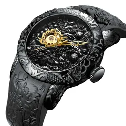 Armbanduhren Mode Gold Drachen Skulptur Herrenuhr Automatische mechanische wasserdichte Silikonarmband Armbanduhr Uhren HombreArmbanduhren