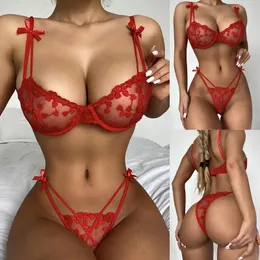 Women's Sleepwear Sexy Fashion Lace Lingerie Underwear Steel Ring Pajamas Garter Embroidered Bow See-through Set