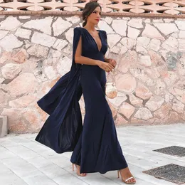 Women's Jumpsuits & Rompers Style Flare Slit Sleeve Ruched Deep V Neck Backless Long Lightsome Wide Leg Feminine Women Club JumpsuitWomen's