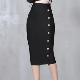 Sommar Elegant Midi Pencil Skirt High Waist Bandgae Svart Elastisk Bandage S Button Kvinnor Kläder 220317