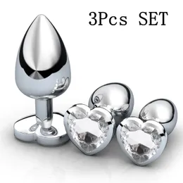 3 pçs/conjunto plugue anal de cristal em forma de coração grande médio e pequeno plugue anal de aço inoxidável estimulador anal massageador de próstata brinquedos sexuais