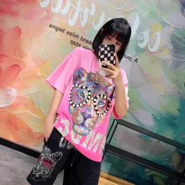 Women's T-Shirt Luxury Tide Brand Summer Women Clothes Beaded Glasses Colored Drilling Gradient Tie-dye Pink Short Sleeve Street TopWomen's