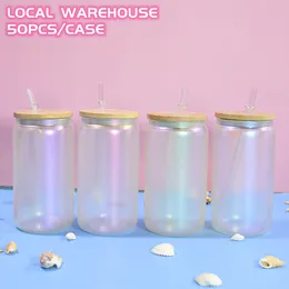 US Warehouse 16oz تسامي كوب زجاجي قزحيات مستقيمة متجمدة من القهوة الشفافة القدح البهلوانات مع غطاء الخيزران والقش Z11