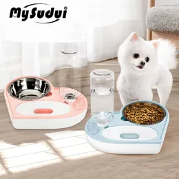2 In 1 Pet Dog Cat Water Food Bowl Set Automatic Dispenser Bottle Detachable Stainless Steel Small Puppy Y200917