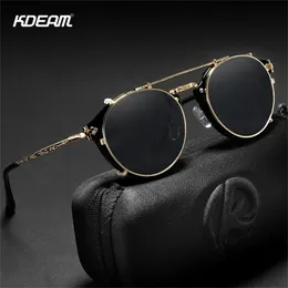 KDEAM Retro Steampunk Round Clip On Sunglasses Men Women Double Layer Removable Lens Baroque Carved Legs Glasses UV400 With Box 220526