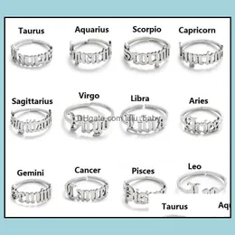 Anelli a fascia Gioielli Regolabile 12 Costellazioni Anello con lettera per donna Apertura Matrimonio Acciaio inossidabile Sier Oro Zodiaco Dito Goccia di compleanno