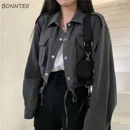 Grundläggande jackor kvinnor fjäder beskuren last outwear koreansk stil allmatch tunic lapel streetwear punk girl fickor mode laceup 220815