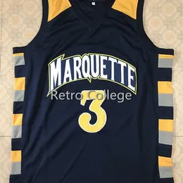 XFLSP # 3 Dwayne Wade College Marquette 골든 이글스 레트로 트레인 백팩 농구 저지는 모든 번호와 이름을 스티치했습니다.