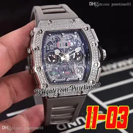 2022 Miyota Orologio da uomo automatico Diamanti Lunetta Quadrante scheletrato con grande data Corona nera Cinturino in caucciù grigio Super Edition 6 Stili Puretime01 1103D4