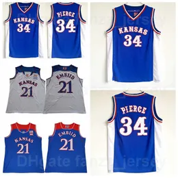 NCAA 농구 Kansas Jayhawks College Joel Embiid Jerseys 21 University 34 Paul Pierce For Sport Fans 통기성 팀 블루 어웨이 화이트 퓨어 코튼 고품질