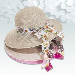 Breite Krempe Hüte Sommer Frauen Stroh Sonnenhut mit Blumendruck Band Schleife Mode Mädchen faltbar Reise Strand Schutz HüteBreit