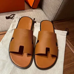 Designer slides h Izmir Sandals Shoes Calfskin Leather Men Slippers Slip On Beach Slide Flats Boy's Flip Flops Sandalias EU38-46.Original BOX