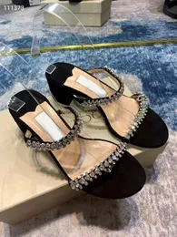 Luxury Bing Slipper Crystal-embellished Gladiator Sandals Suede Leather Strap Twinkles Crystals Women Chunky Heels Lady Party Dress