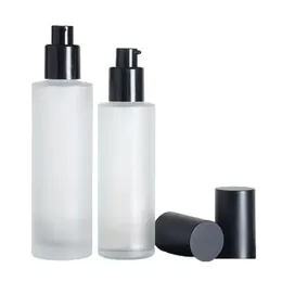 Packing Frosted Glass Bottle Plat Shoulder Matte Black Lid Black Lotion Spigh Pump Portable Refillable Cosmetic Packaging Container 20 ml 40 ml 60 ml 80 ml 100 ml 120 ml